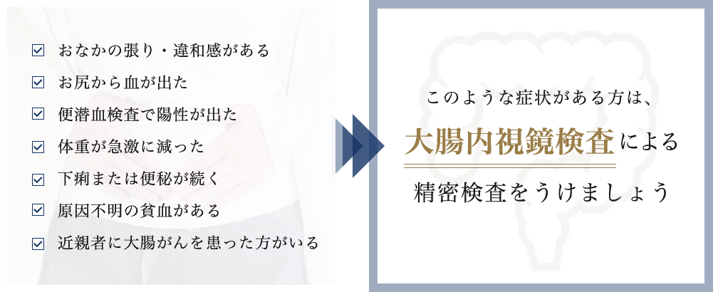 このような症状がある方は、 大腸内視鏡検査による 精密検査をうけましょう